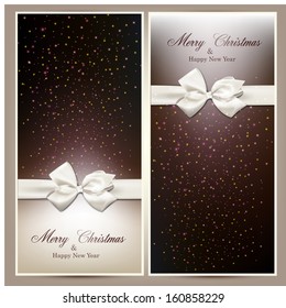 Gift white ribbon with bow over brown and beige paper cards. Vector illustration.