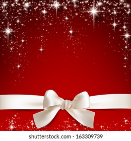 Gift white ribbon with bow over red starry christmas background. Vector illustration. 