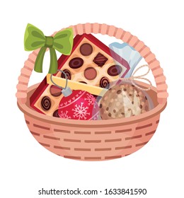 Gift Wicker Basket with Chocolate Sweets and Christmas Ball Vector Illustration