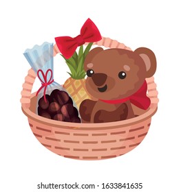 Gift Wicker Basket with Chocolate Sweets and Teddy Bear Vector Illustration