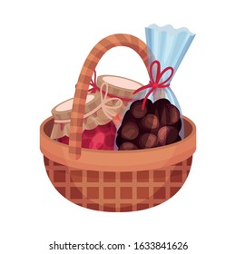 Gift Wicker Basket with Jars of Fruit Jam and Chocolate Sweets Vector Illustration