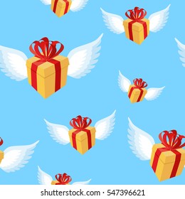 Gift with wings pattern. Flying gift box with red bow and ribbon on blue sky. present background
