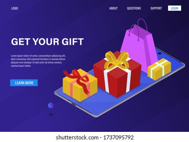 Gift winning concept. Gift boxes and packages on modern smartphones. Gift card concept. Certificate of winning. Suitable for landing page website mobile version banner 3d Isometric Vector Illustration