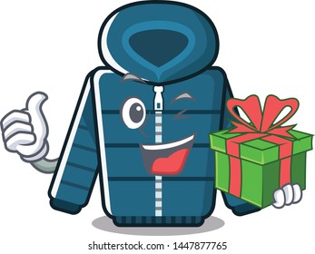 With gift winter coat isolated with the mascot