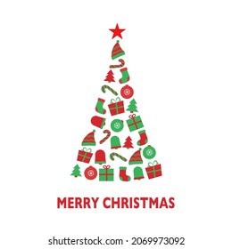 Gift, winter hat, bell, sock, sugarcane in Christmas tree shape flat design on white background. Merry Christmas celebration concept.