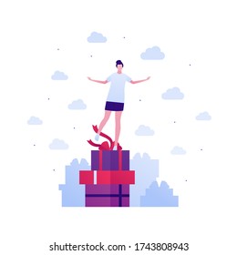 Gift for woman concept. Vector flat people illustration set. Collection of female stand on stack of red gift box. Design for birthday, mother, woman and valentine day holiday.