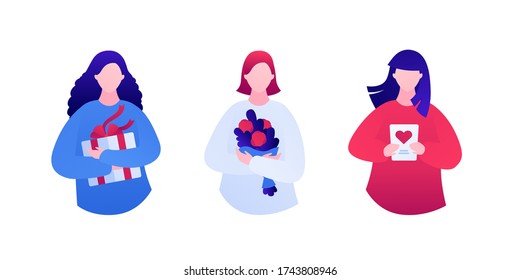 Gift for woman concept. Vector flat people illustration set. Collection of female hold gift box, flower bouquet, greeting card with heart. Design for birthday, mother, woman and valentine day holiday.