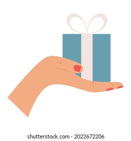 Gift in a woman's hand. Vector over white background.