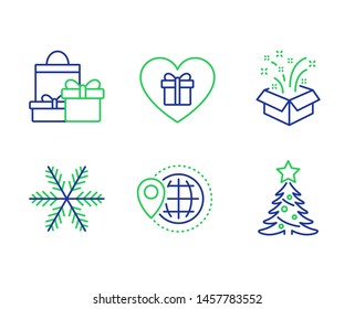 Gift, World travel and Snowflake line icons set. Romantic gift, Shopping and Christmas tree signs. New year, Map pointer, Air conditioning. Surprise with love. Holidays set. Vector