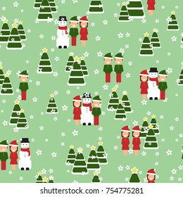 Gift Wrap. Children in the Christmas Forest. Vector pattern