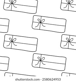 Gift wrap designs featuring simple bows in a continuous pattern on a white background