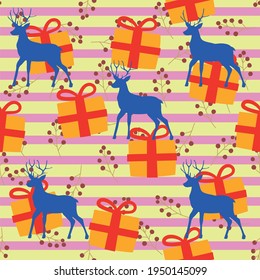 Gift wrap pattern, stripes with blue deer.