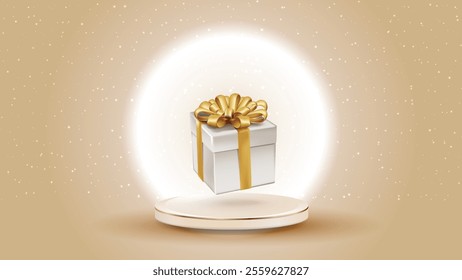 Gift wrapped with golden ribbon on product podium, sparkle in background golden elements realistic design