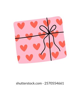 Gift wrapped in pink paper with heart patterns, ideal for celebrations or special occasions