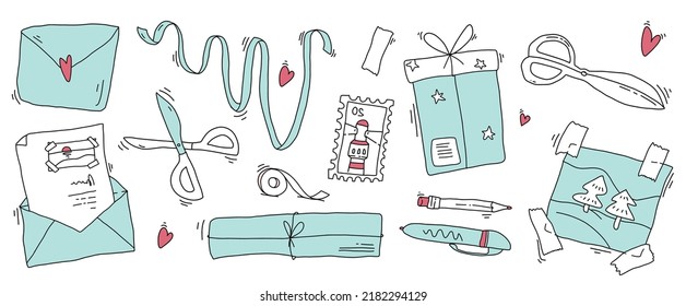 Embalaje de regalo. Colección de sobres, cajas de regalo e ilustración plana vectorial de postales. Conjunto de varias cartas de papel artesanal, papel y tarjetas hechas a mano aisladas.