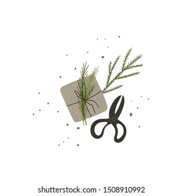 Gift wrapping concept with hand drawn cartoon flat present box, vintage scissors and fir tree branch. Christmas or New Year holidays banner, poster or greeting card. Stock vector
