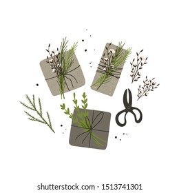 Gift wrapping concept hand drawn doodle style flat illustration. Present boxes, cotton flowers and retro scissors. Stock vector