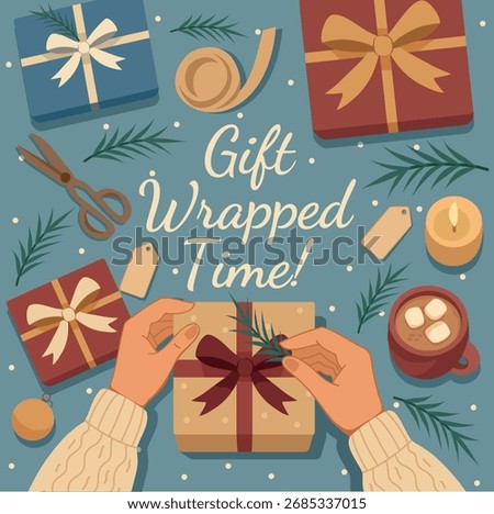 Gift wrapping. A cozy Christmas vector illustration featuring hands wrapping presents. Ribbons, candles, and hot cocoa. A warm, festive atmosphere for winter cards, holiday designs, and social media