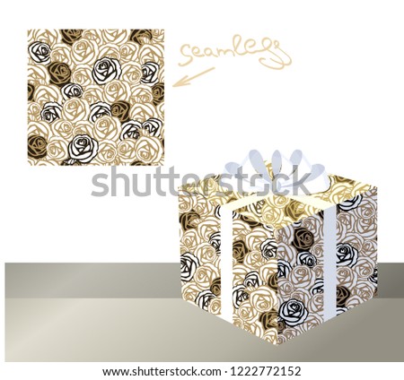 Gift wrapping design and sample texture fill pattern. Isometric box template with example of usage, pattern in swatches. Wrapping paper Pattern for wedding invitations, cards, wallpapers There is a