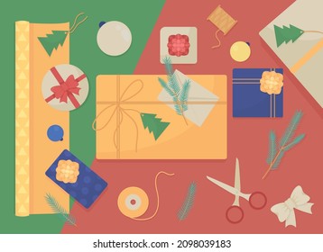 Gift wrapping flat color vector illustration. Present with ribbon bows and festive paper. Christmas gift preparation. Top view 2D cartoon illustration with desktop on background collection