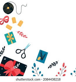 Gift wrapping. Giving season concept. Vector illustration with hand-made packaging and items