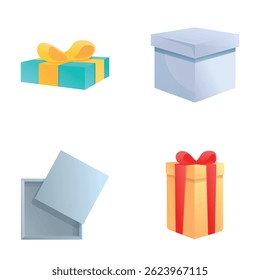 Gift wrapping icons set cartoon vector. Colorful gift box with bow and ribbon. Package, box