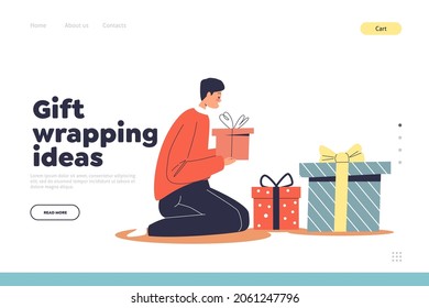 Regalo envolver ideas concepto de página de aterrizaje con niño decorando regalos de navidad en cajas con papel decorativo preparándose para las vacaciones de invierno, Navidad y celebración de año nuevo