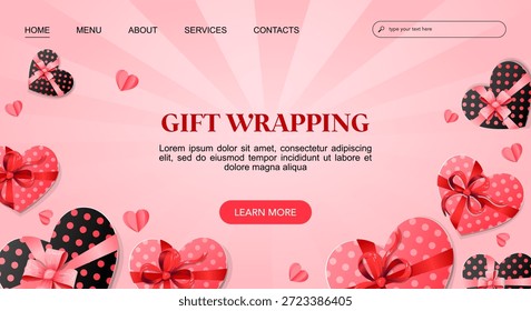Plantilla de página de Web de aterrizaje de envoltura de regalo con cajas de regalo en forma de corazón. Ilustración vectorial del día de San Valentín