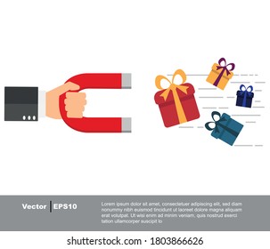 Embalaje de regalo y imán. Ilustración plana del vector de caja de regalo. Para cumpleaños, Navidad, promociones, concursos, marketing
