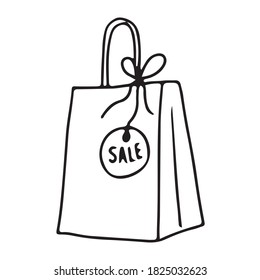 Bolsa de papel de envoltura de regalo.  Una etiqueta redonda con la palabra VENTA se adjunta al asa.  Dibujado por contorno.  Ilustración vectorial.  Para imprimir, web, móviles e infografías.
