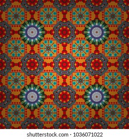 Gift wrapping paper. Bed sheets and interior. Seamless abstract vector geometric pattern. Ornament made of various blue, pink and orange shapes. Random layout.