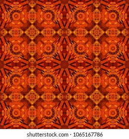 Gift wrapping paper. Bed sheets and interior. Seamless abstract vector geometric pattern. Colorful ethnic patterned background in orange, red and brown colors. Symmetrical layout.