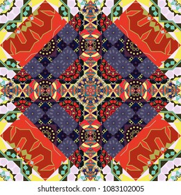 Gift wrapping paper. Bed sheets and interior. Ornament made of various red, violet and orange shapes. Random layout. Seamless abstract vector geometric pattern.