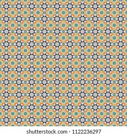 Gift wrapping paper. Bed sheets and interior. Seamless abstract vector geometric pattern. Ornament made of various beige, gray and white shapes. Random layout.