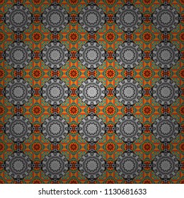 Gift wrapping paper. Bed sheets and interior. Seamless abstract vector geometric pattern. Colorful ethnic patterned background in gray, orange and brown colors. Symmetrical layout.