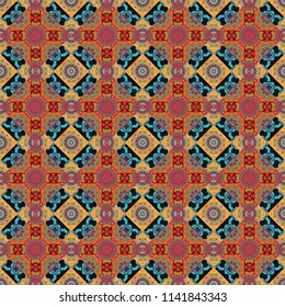 Gift wrapping paper. Bed sheets and interior. Seamless abstract vector geometric pattern. Colorful ethnic patterned background in yellow, orange and blue colors. Symmetrical layout.