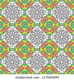Gift wrapping paper. Bed sheets and interior. Colorful ethnic patterned background in gray, pink and yellow colors. Symmetrical layout. Seamless abstract vector geometric pattern.