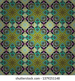 Gift wrapping paper. Bed sheets and interior. Seamless abstract vector geometric pattern. Ornament made of various blue, yellow and green shapes. Random layout.