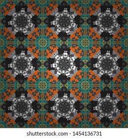 Gift wrapping paper. Bed sheets and interior. Random layout. Ornament made of various orange, blue and gray shapes. Seamless abstract vector geometric pattern.