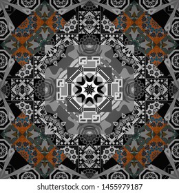 Gift wrapping paper. Bed sheets and interior. Symmetrical layout. Colorful ethnic patterned background in blue, orange and gray colors. Seamless abstract vector geometric pattern.