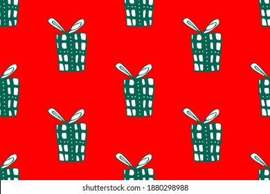 Gift wrapping paper with gift box drawn by hand in doodle style on red background. Childlike freehand art for greeting kids design, card, print, poster, banner.