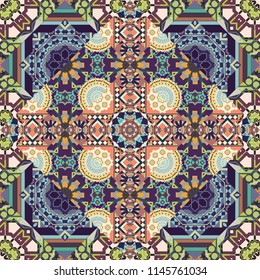 Gift wrapping paper. Colorful ethnic patterned background in gray, blue and beige colors. Bed sheets and interior. Seamless abstract vector geometric pattern. Symmetrical layout.