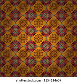 Gift wrapping paper. Ornament made of various yellow, brown and blue shapes. Seamless abstract vector geometric pattern. Random layout. Bed sheets and interior.