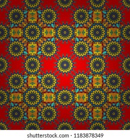 Gift wrapping paper. Ornament made of various yellow, blue and red shapes. Seamless abstract vector geometric pattern. Random layout. Bed sheets and interior.