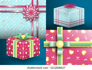 Gift wrapping paper pattern for a gift box and ribbon 3d Vector Illustration. for your product design, gift box, or print media.