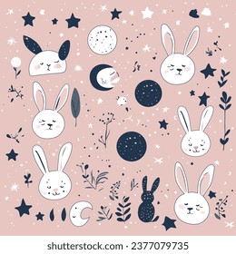 Gift wrapping paper with rabbit, moon, stars, and flower designs
