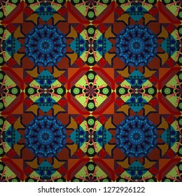 Gift wrapping paper. Random layout. Ornament made of various blue, brown and black shapes. Abstract vector geometric pattern. Bed sheets and interior.