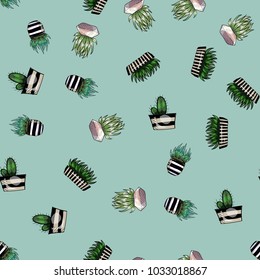 Gift wrapping paper seamless pattern with cute cartoon home plant in pots, green flower children vector illustration background art