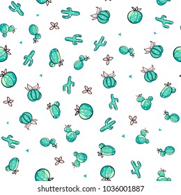Gift wrapping paper seamless pattern with cute cartoon cactus, green flower children vector illustration background for cactus girl art