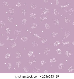 Gift wrapping paper seamless pattern with cute cartoon flowers and sweets, children vector illustration lilac background art